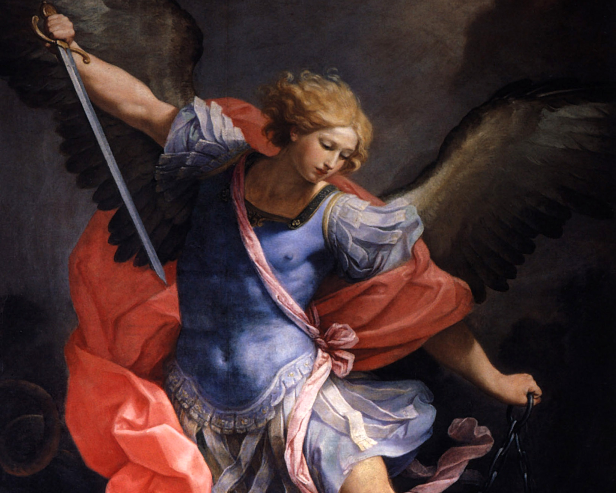 Archangel Michael defeats Satan, Guido Reni (1575-1642). c. 1635, oil on silk. Santa Maria della Concezione dei Cappuccini, photographed by Andrew Graham Dixon / Wikimedia Commons