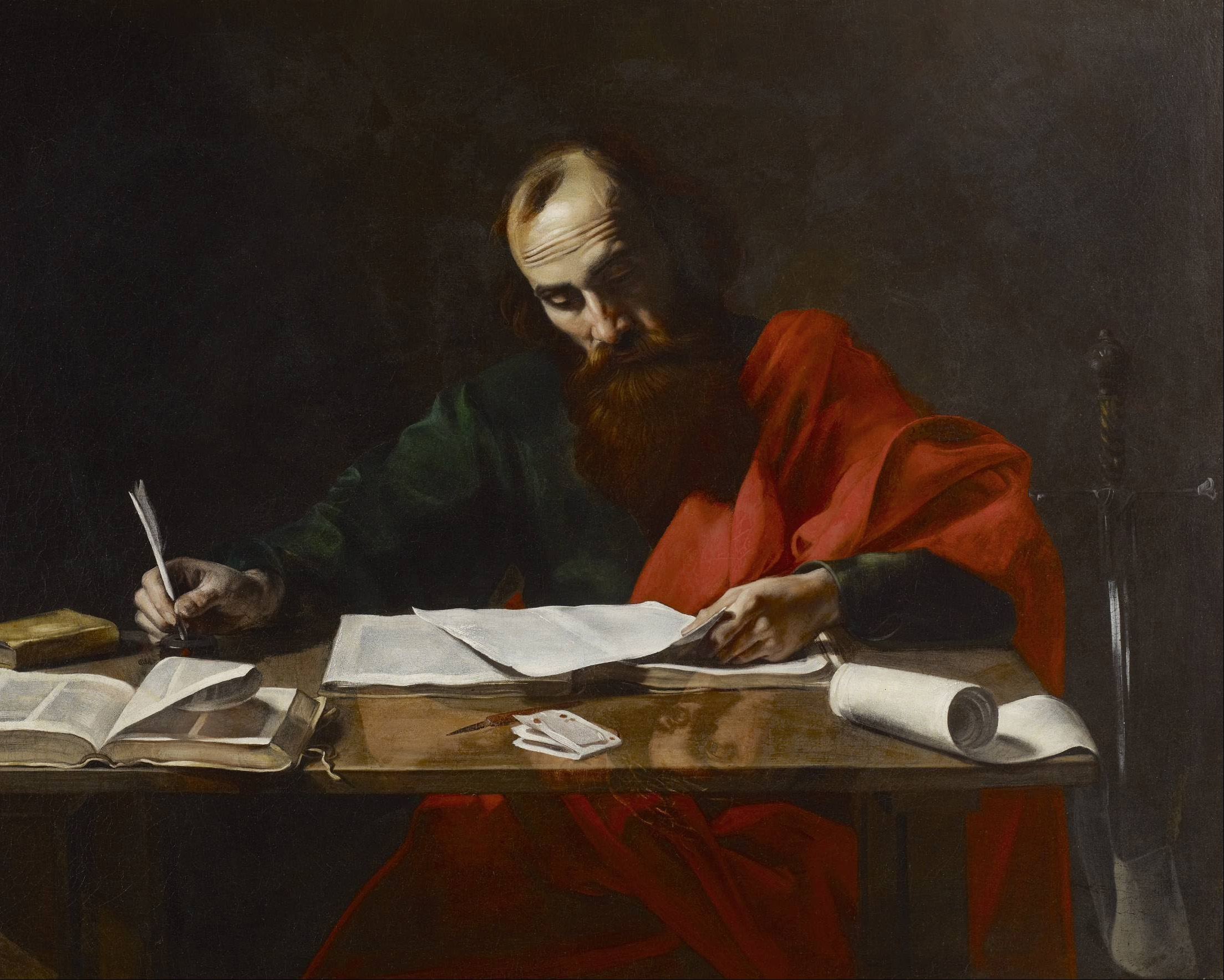 Valentin de Boulogne, Saint Paul Writing His Epistles, 1620 (Wikimedia Commons)