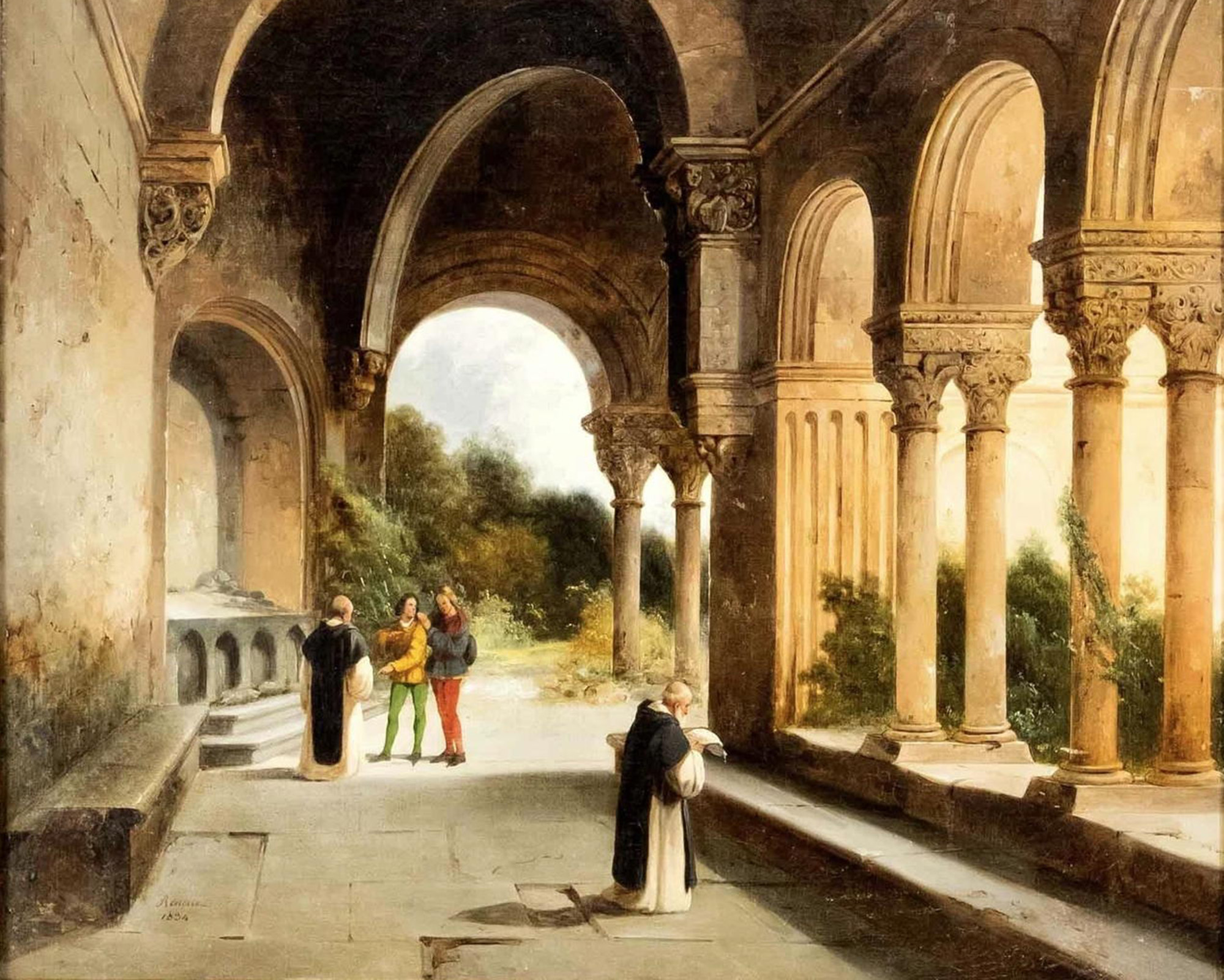 Two Young Noblemen in the Cloister of a Monastery with Two Dominican Monks, Charles-Caïus Renoux (1795-1846). 1834, Oil on Canvas. Private Collection / Wikimedia Commons