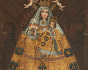 Our Lady of the Rosary with Saint Dominic and Saint Rose, Anonymous Cusco School (c. 1750) oil on canvas, c. 1750. Lima Art Museum / Wikimedia Commons