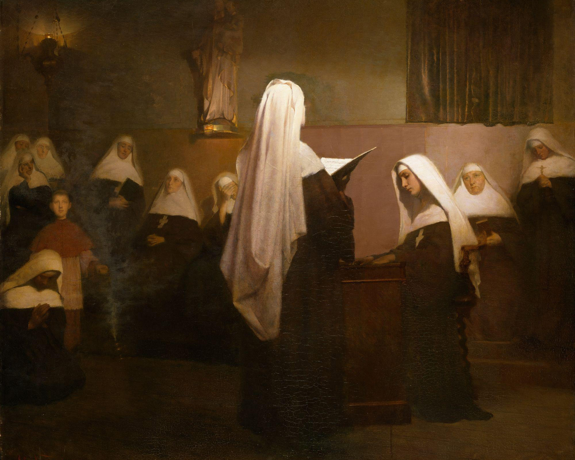 Christmas Night Mass celebrated in a French Nunnery, Asta Nørregaard (1853-1933). 1889, oil on canvas. Nasjonalmuseet for kunst, arkitektur og design, photographed by Jacques Lathion / Wikimedia Commons
