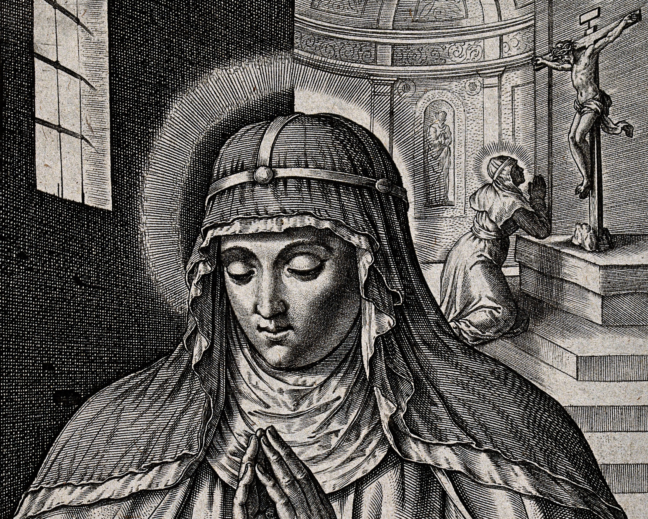 Saint Brigid of Sweden. Line Engraving. Wellcome Images / Wikimedia Commons