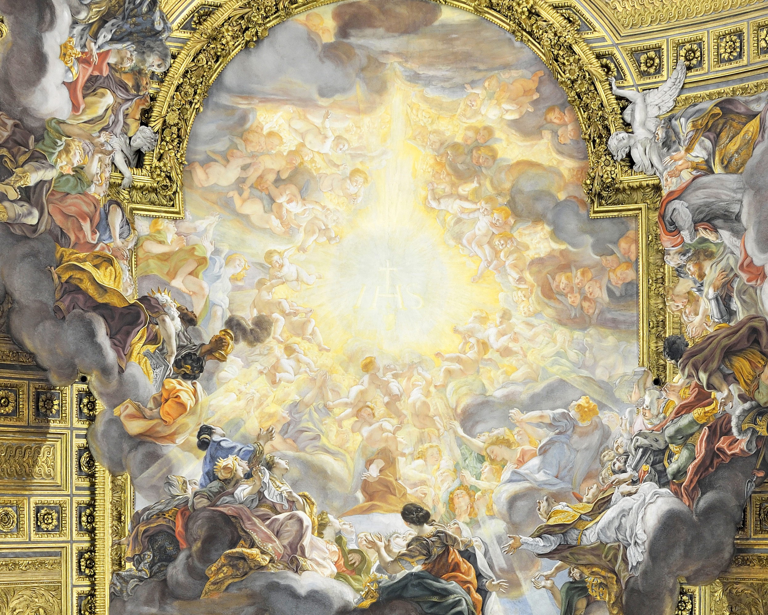 Ceiling of Church of the Gesù (The Triumph of the Name of Jesus), Giovanni Battista Gaulli (1639–1709). 1677, fresco on stucco. Church of the Gesù, photographed by LivioAndronico / Wikimedia Commons.