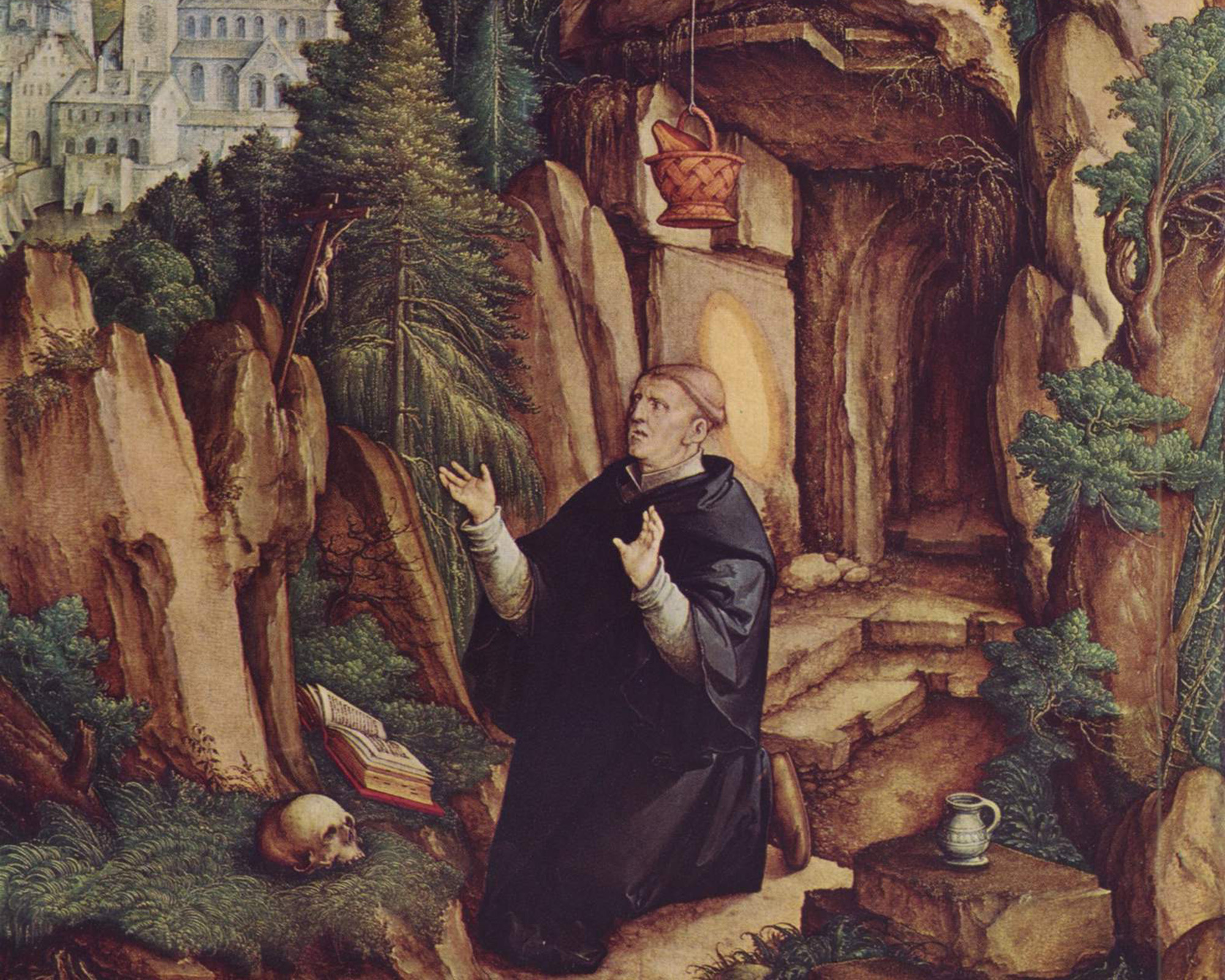 St. Benedict in Prayer, Master of Messkirch (fl. 1520–1540), c. 1540m mixed media on mood. Staatsgalerie Stuttgart / Wikimedia Commons.