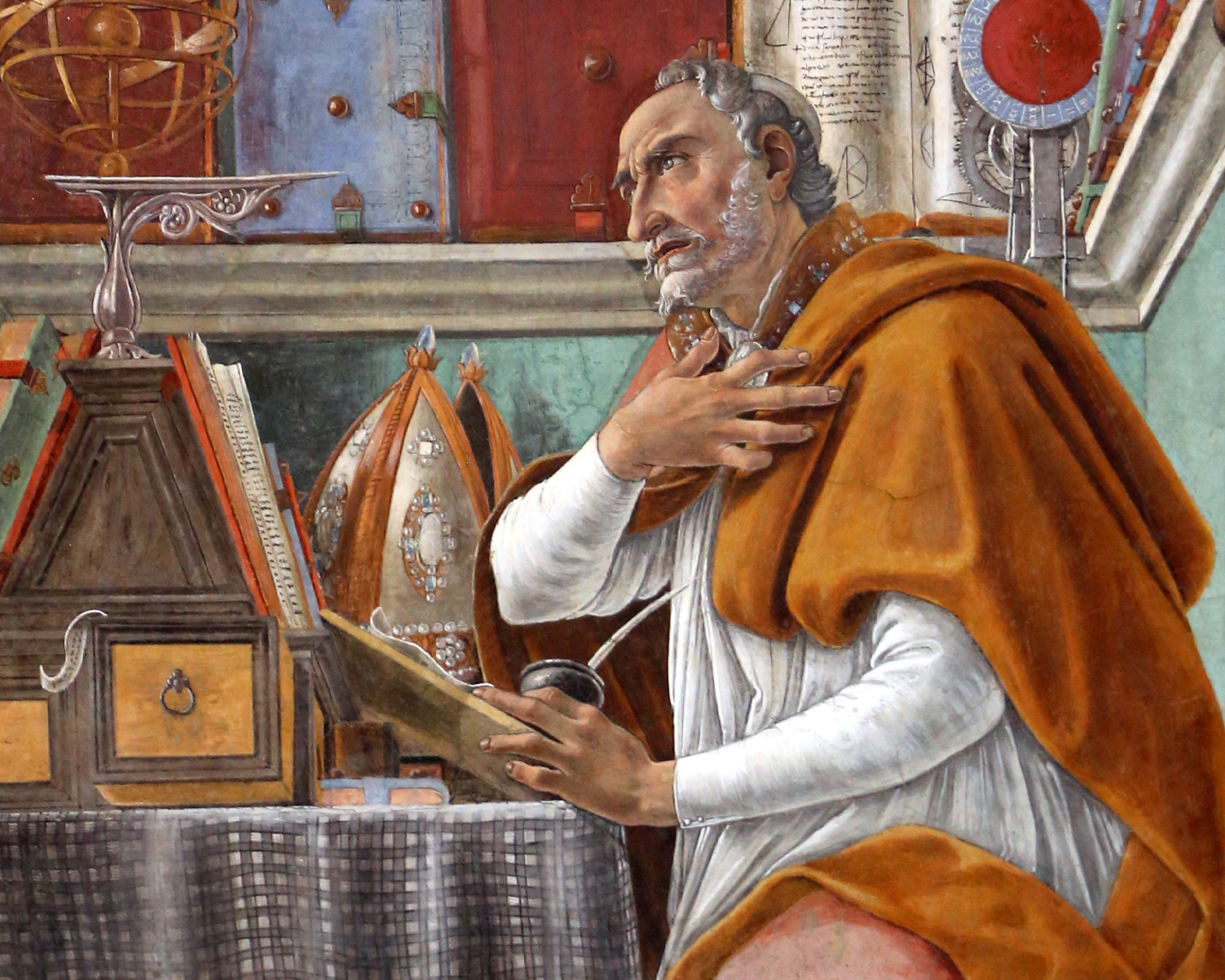 Saint Augustine in his Study, Sandro Botticelli (1445–1510), before 1480, fresco. Ognissanti Church, photographed by Francesco Bini / Wikimedia Commons