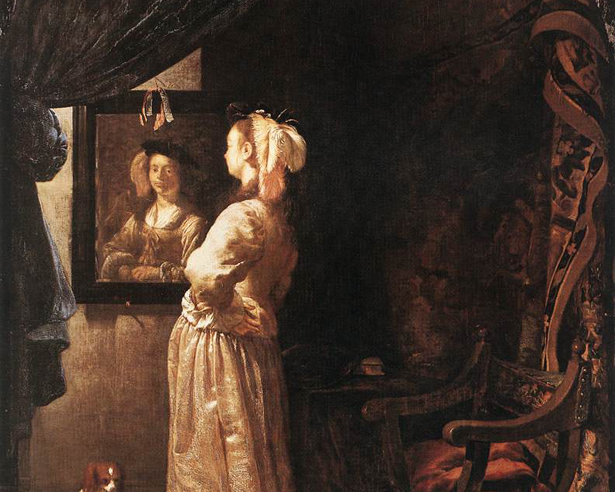 Woman Before the Mirrow, Frans van Mieris the Elder (1635–1681), 1670, oil on panel. Bavarian State Painting Collections, photographed by Web Gallery of Art / Wikimedia Commons