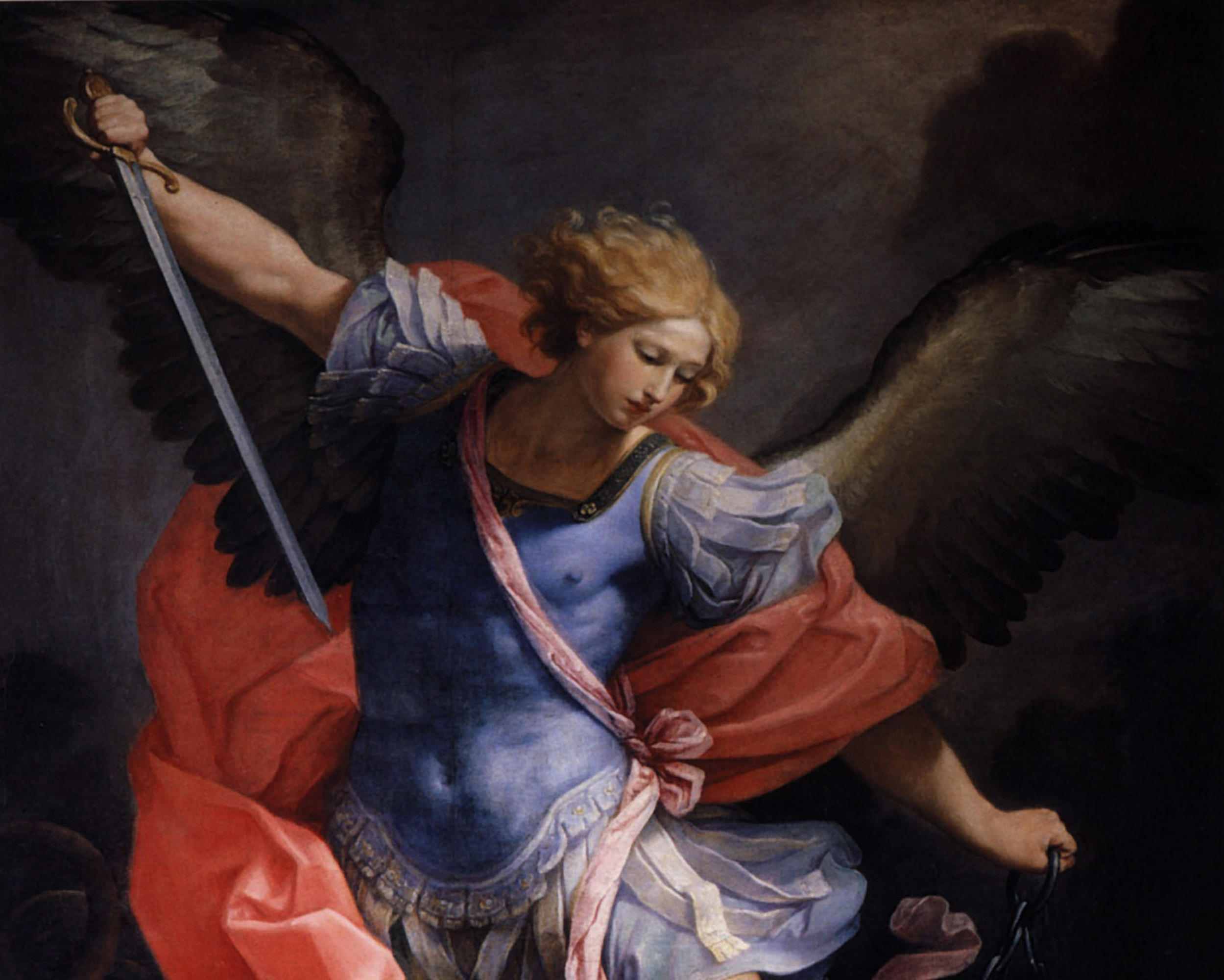 Archangel Michael defeats Satan, Guido Reni (1575-1642), between c. 1630 and c. 1635, oil on silk. Santa Maria della Concezione dei Cappuccini, photograph by Andrew Graham Dixon / Wikimedia Commons.