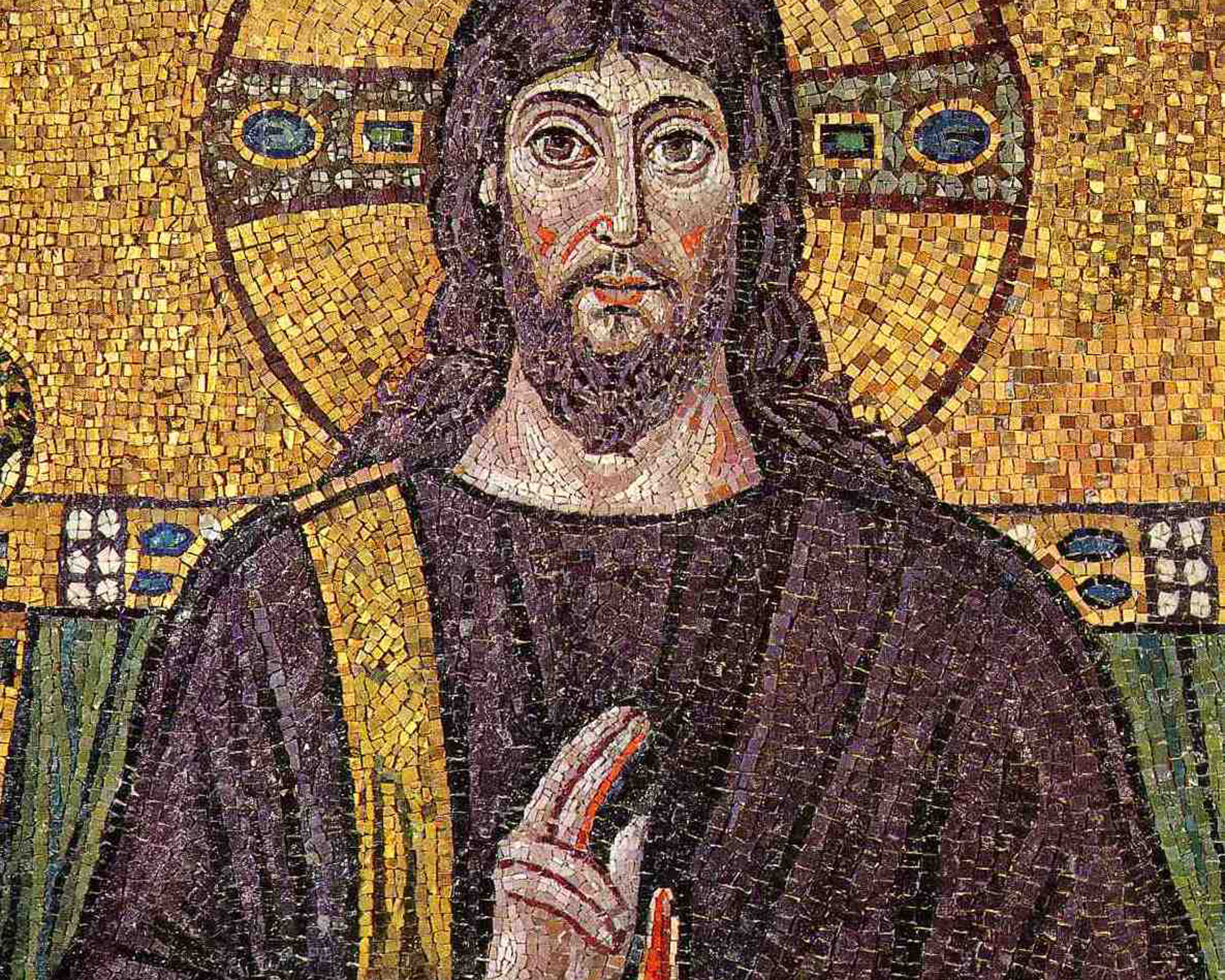 Byzantine mosaic of Jesus Christ in Basilica of Sant'Apollinare Nuovo in Ravenna. Wikimedia Commons.