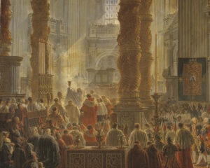 King Gustav III Attending Christmas Mass in 1783, in St Peter's, Rome, Louis Jean Desprez (d. 1804), between 1786 and 1787, oil on canvas. Nationalmuseum / Wikimedia Commons.
