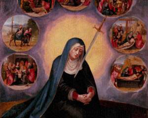 Virgin of the Seven Sorrows, Master of the Female Half-Lengths, 16th Century, oil on panel. Museu Nacional d'Art de Catalunya. Google Cultural Institute / Wikimedia Commons.