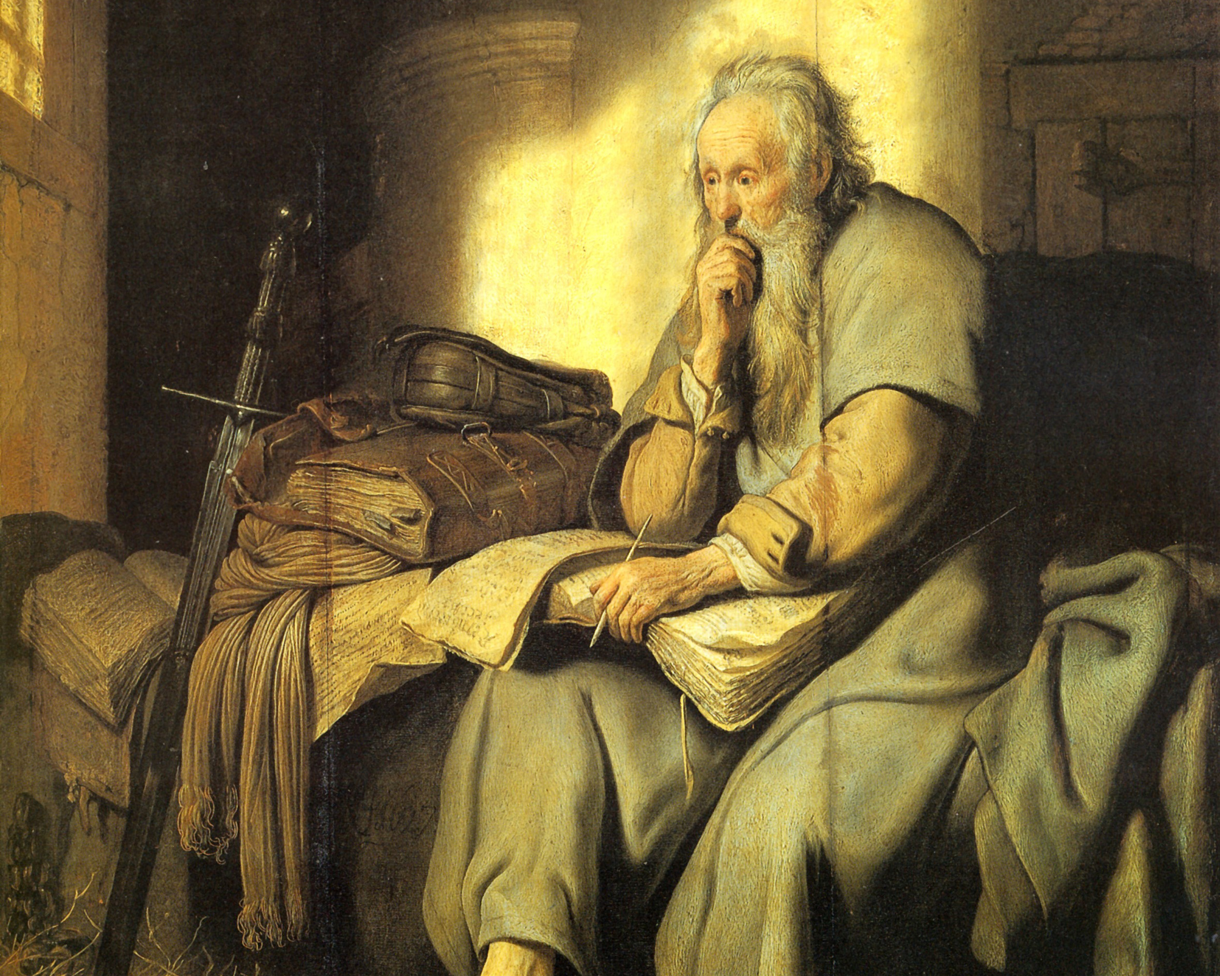 Saint Paul in Prison, Rembrandt (1606-1669), 1627, oil on panel. Staatsgalerie Stuttgart / Wikimedia Commons.