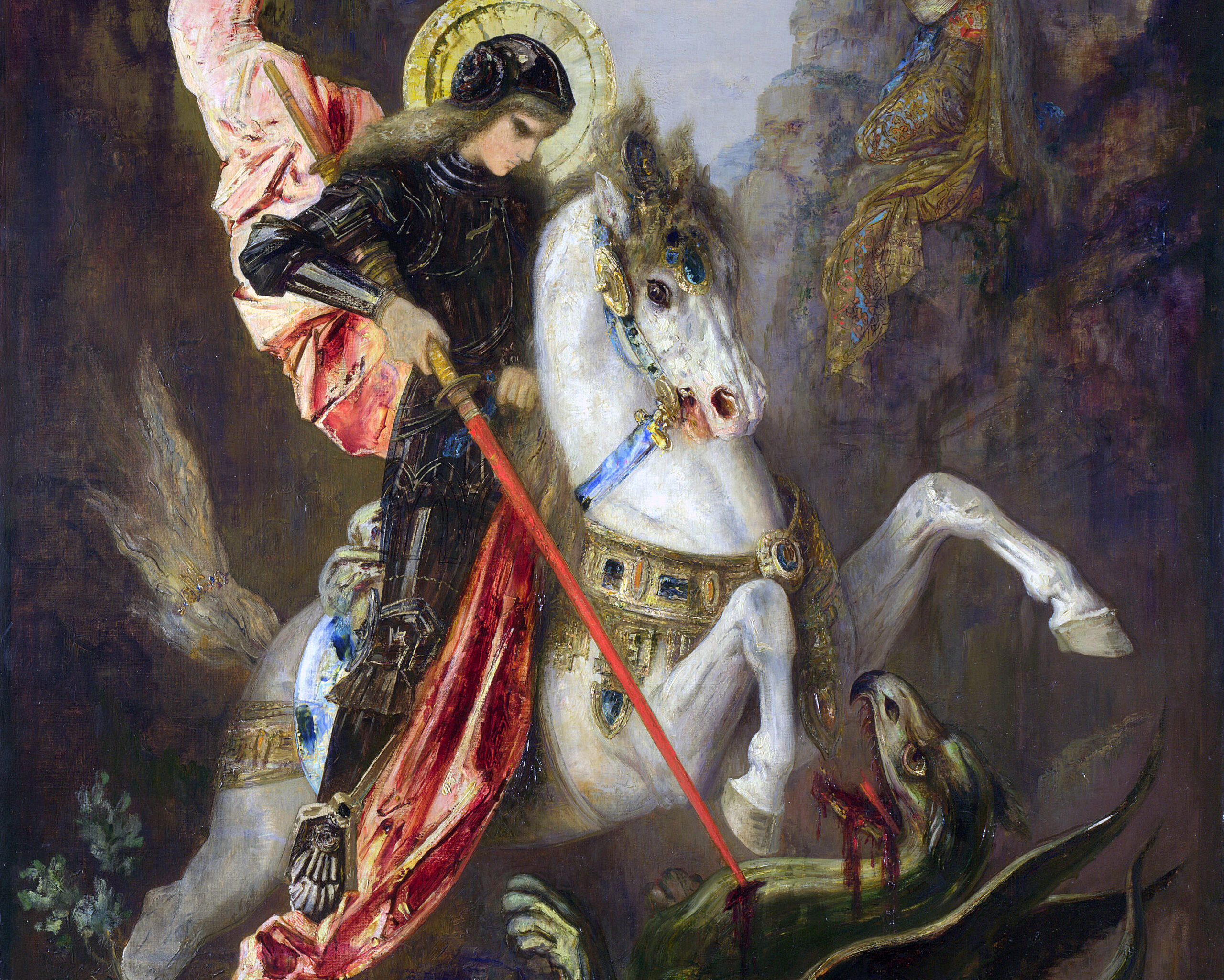 Saint George and the Dragon, Gustave Moreau (1826-1898), c. 1890, oil on canvas. National Gallery, London / Wikimedia Commons.