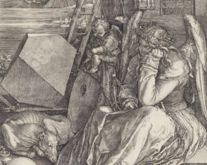 Melancholia I, Albrecht Dürer (1471-1528), 1514, engraving. Minneapolis Institute of Art, The Ethel Morrison Van Derlip Fund, proceeds from the 2011 Minneapolis Print and Drawing Fair, the Richard Lewis Hillstrom Fund, gift of funds from Nivin MacMillan, the Winton Jones Endowment Fund for Prints and Drawings, and gift of Herschel V. Jones, gift of Mrs. Ridgely Hunt, and gift of Miss Eileen Bigelow and Mrs. O. H. Ingram, in memory of their mother, Mrs. Alice F. Bigelow, by exchange. Wikimedia Commons.