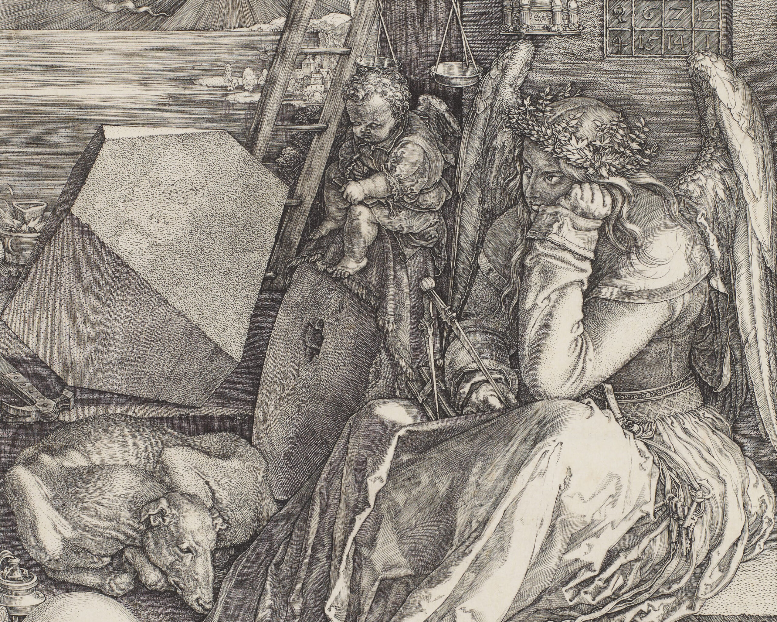 Melancholia I, Albrecht Dürer (1471-1528), 1514, engraving. Minneapolis Institute of Art, The Ethel Morrison Van Derlip Fund, proceeds from the 2011 Minneapolis Print and Drawing Fair, the Richard Lewis Hillstrom Fund, gift of funds from Nivin MacMillan, the Winton Jones Endowment Fund for Prints and Drawings, and gift of Herschel V. Jones, gift of Mrs. Ridgely Hunt, and gift of Miss Eileen Bigelow and Mrs. O. H. Ingram, in memory of their mother, Mrs. Alice F. Bigelow, by exchange. Wikimedia Commons.