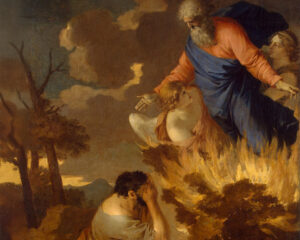 Moses and the Burning Bush, Sébastien Bourdon (1616-1671), 17th Century, oil on canvas. Hermitage Museum, St. Petersburg. Wikimedia Commons. (Left edge of image expanded by AI using Adobe Photoshop Generative Expansion).