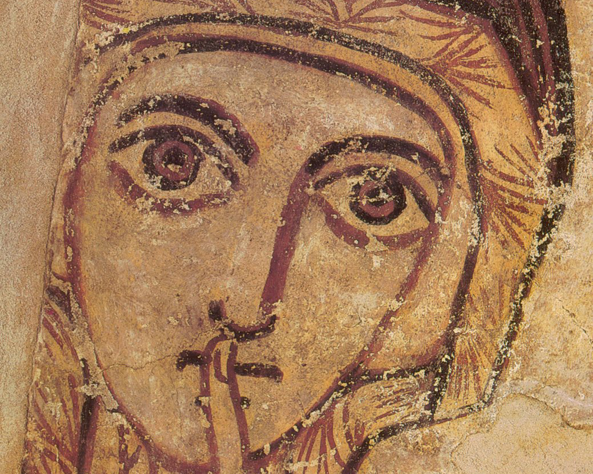 Saint Anne (detail), 8th Century, tempera on plaster. National Museum, Warsaw, photographed by Stanisław Lorentz, Tadeusz Dobrzeniecki, Krystyna Kęplicz, Monika Krajewska, 1990 / Wikimedia Commons.