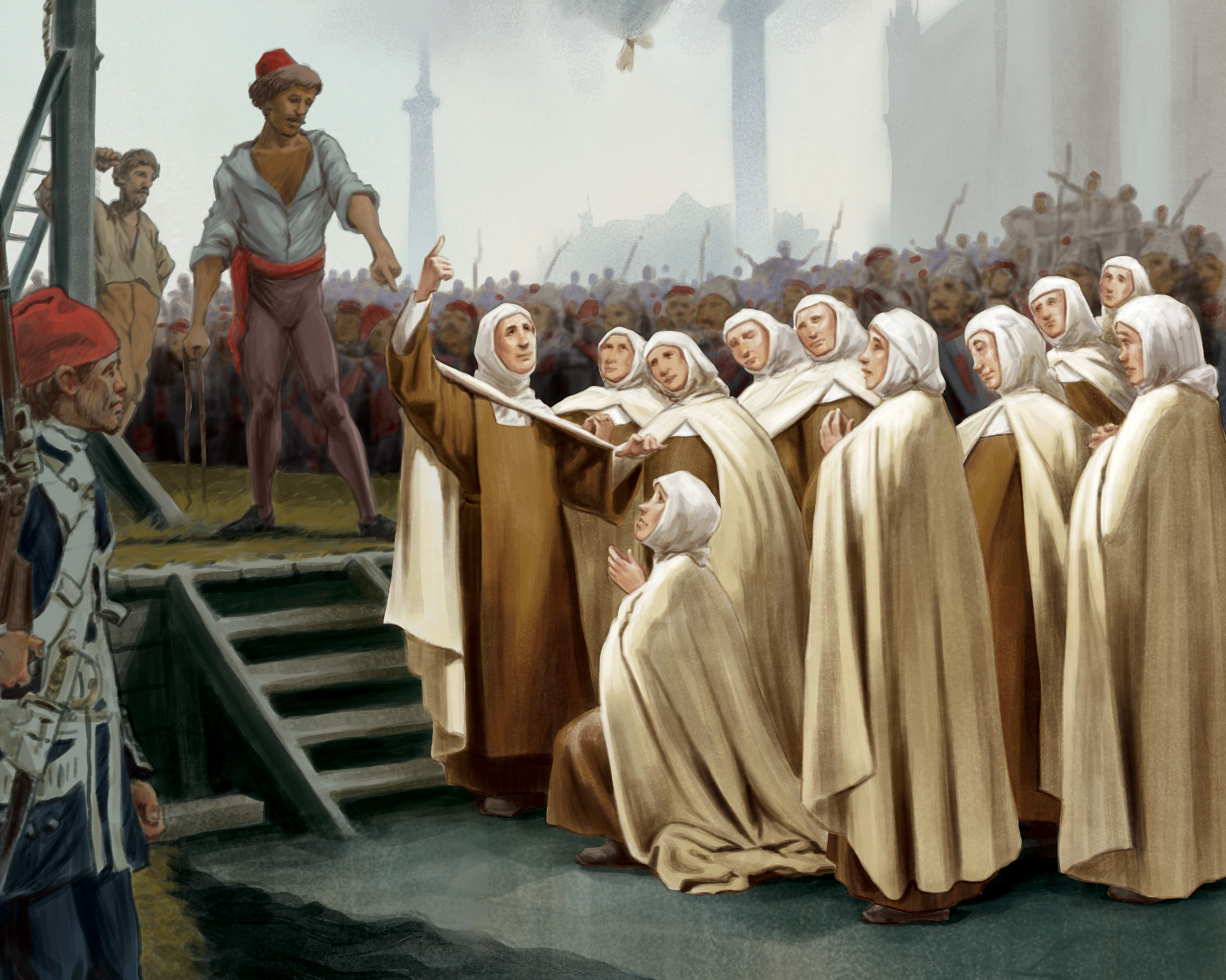 Art created for TAN Books by Chris Pelicano, after “At the foot of the scaffold: Carmelite Martyrs of Compiegne, July 17, 1794” by G. Molinari, 1906. © TAN Books.