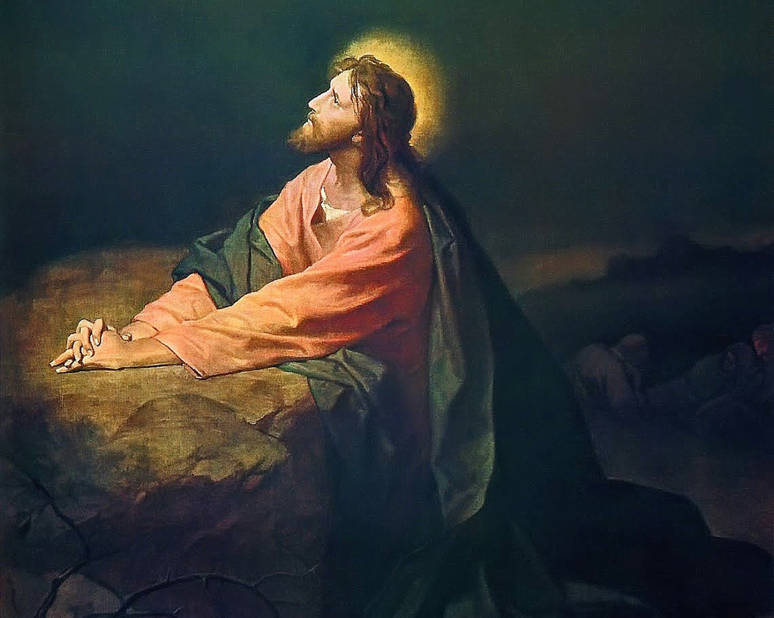 Christ in Gethsemane, Heinrich Hofmann (1824-1911), 1886, oil on canvas. Riverside Church, Self-scanned by James G. Howes from 1945 print published by the Board of Trustees, Riverside Church, New York, NY / Wikimedia Commons.