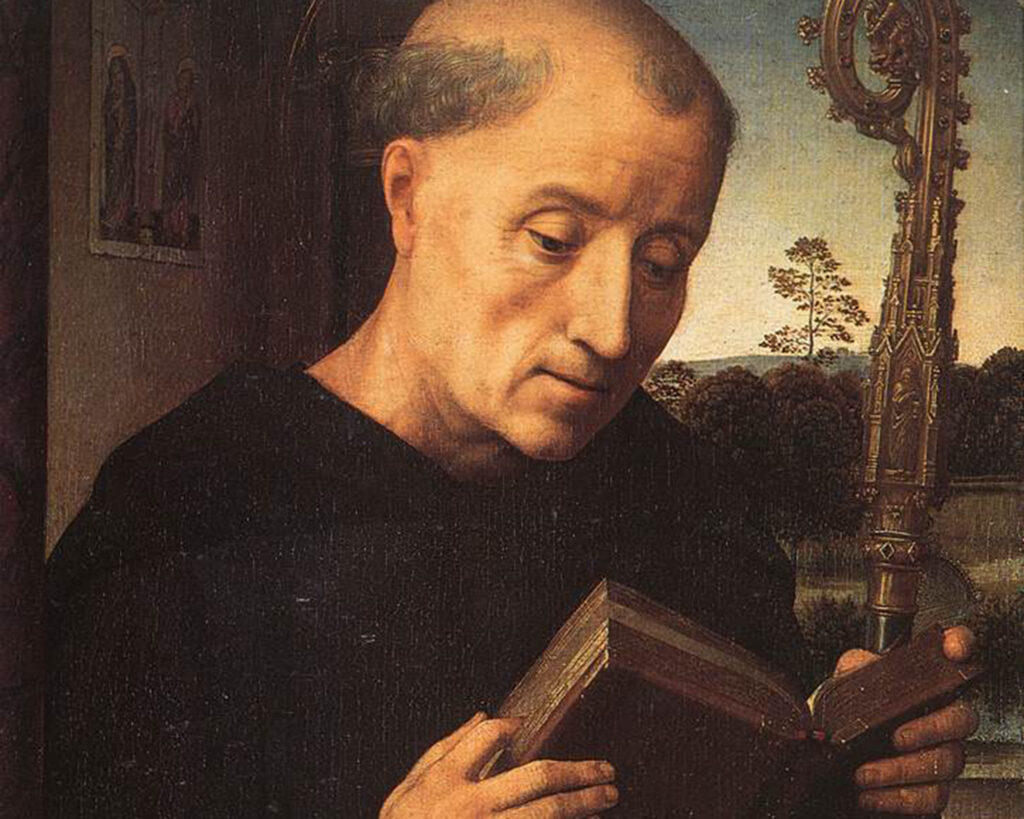 Saint Benedict (Detail of the left wing of the Portinari Tryptych) Hans Memling (c. 1433-1494), 1487, oil on panel. Uffizi Gallery, Web Gallery of Art / Wikimedia Commons.