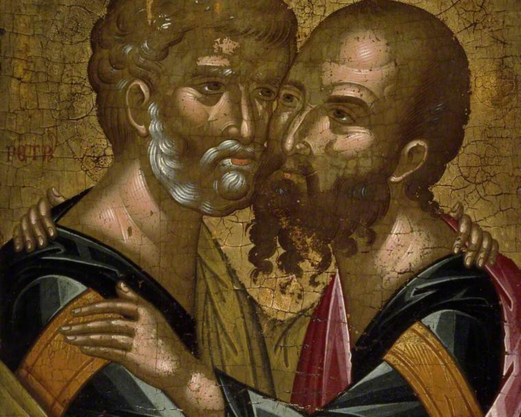 Icon of the Embrace of Apostles Peter and Paul, Angelos Akotantos (1390–1450), oil on canvas on panel. Ashmolean Museum, Oxford, Bequeathed by James Campbell Thomson, 1982. Accession number: WA1982.192.