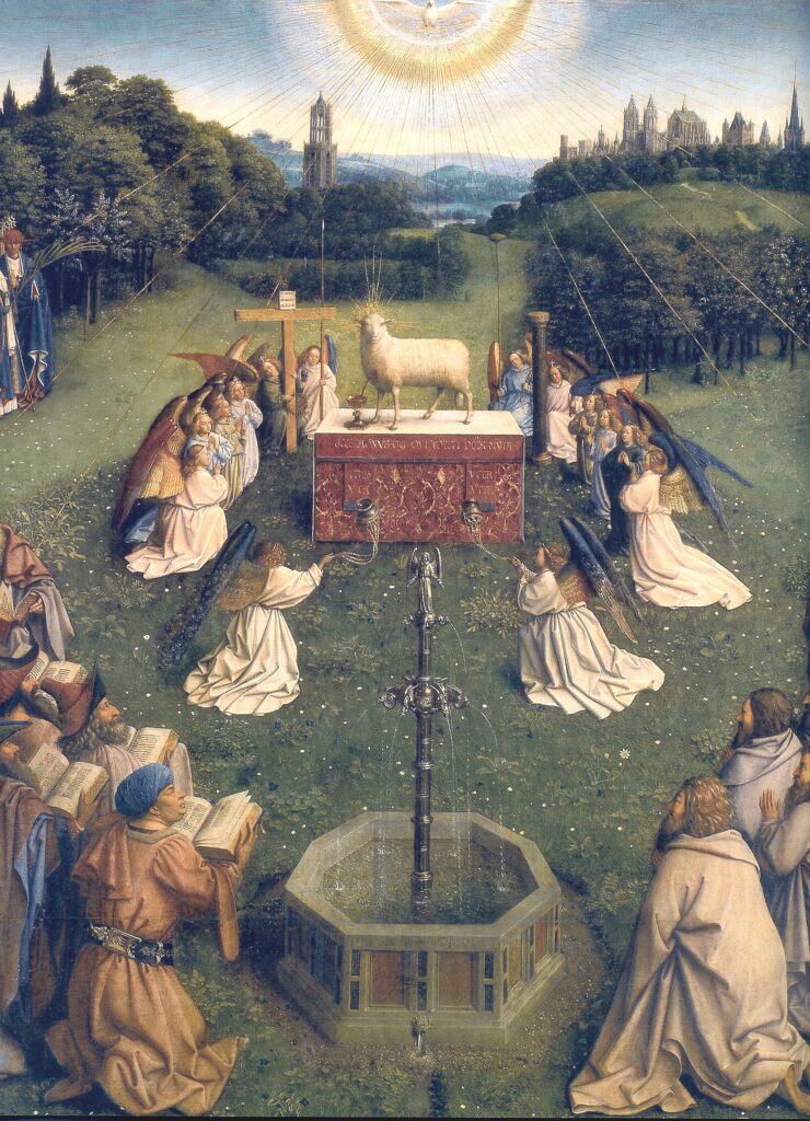The Adoration of the Lamb by Jan van Eyck (1390-1441), 1432, oil on panel. St. Bavo's Cathedral / Wikimedia Commons.