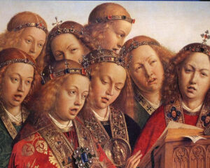 Ghent Altarpiece (Detail), Jan van Eyck (c. 1390–1441), 1432, oil on oak panel. St. Bavo's Cathedral. Web Gallery of Art / Wikimedia Commons.