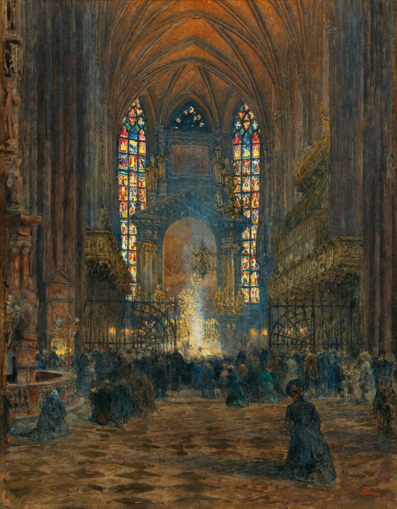 Mass at St. Stephen's Cathedral by Jindrich Tomec (1863-1928). 1928, oil on canvas. Wikimedia Commons.