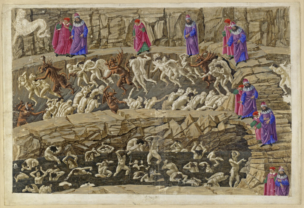 Inferno, Canto XVIII by Sandro Botticelli (1445-1510), 1480s, ink on parchment. Gemäldegalerie / Wikimedia Commons.