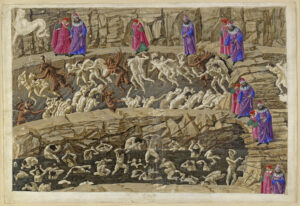 Inferno, Canto XVIII by Sandro Botticelli (1445-1510), 1480s, ink on parchment. Gemäldegalerie / Wikimedia Commons.