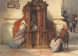 A Church Interior With Women at the Confessional by Ludwig Passini (1832-1903). 1863, watercolor, private collection / Wikimedia Commons.