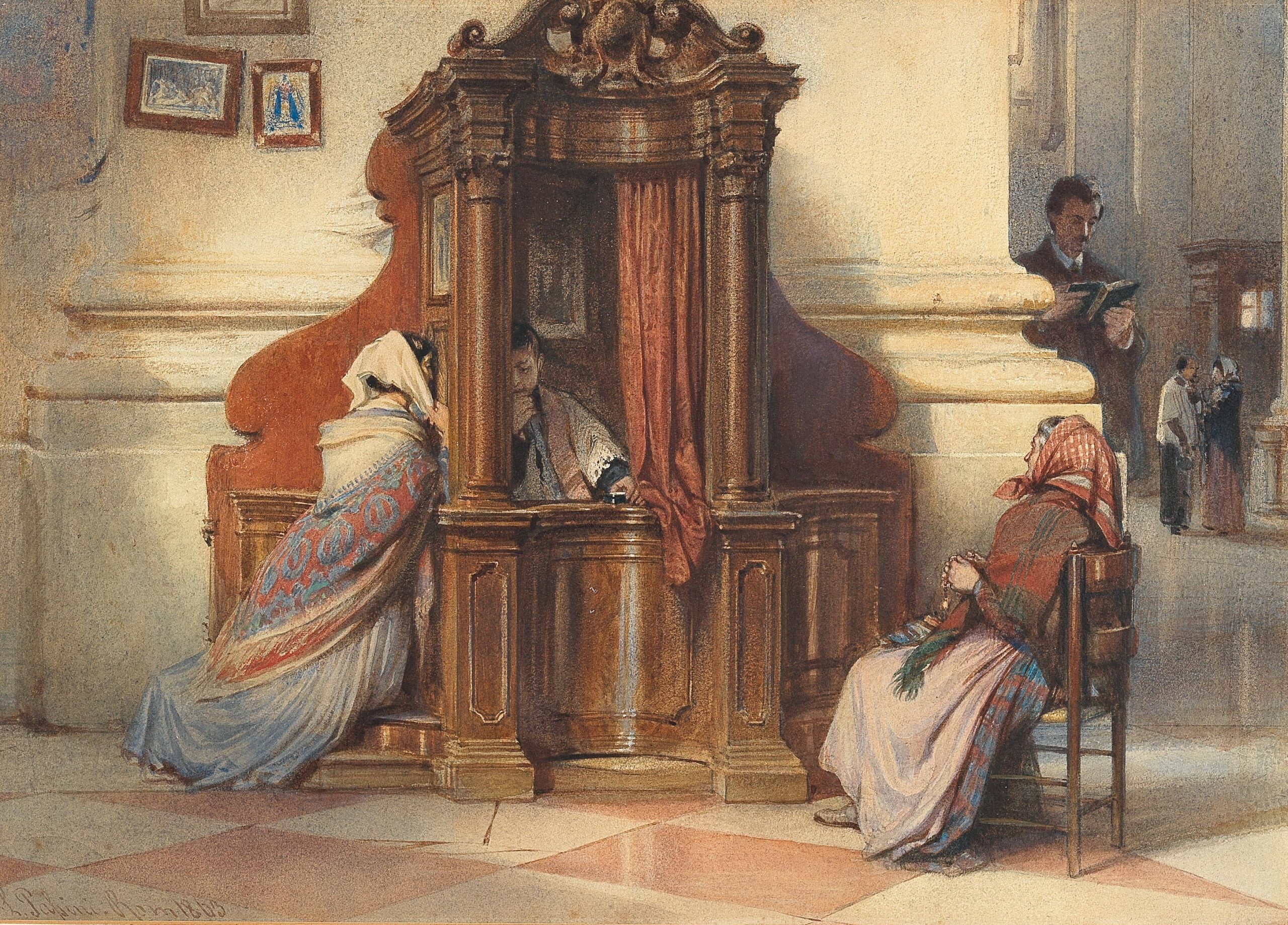 A Church Interior With Women at the Confessional by Ludwig Passini (1832-1903). 1863, watercolor, private collection / Wikimedia Commons.