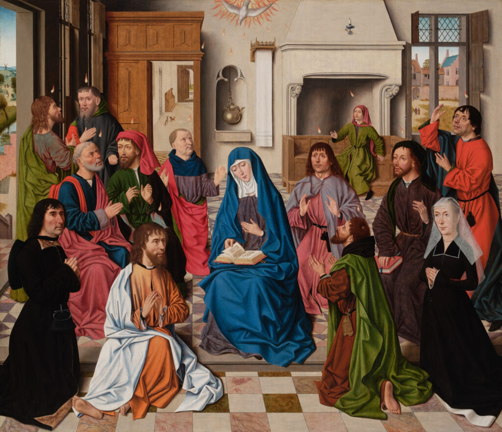 Pentecost by Master of the Baroncelli Portraits. 1490, oil on panel, Groeningemuseum / Wikimedia Commons.