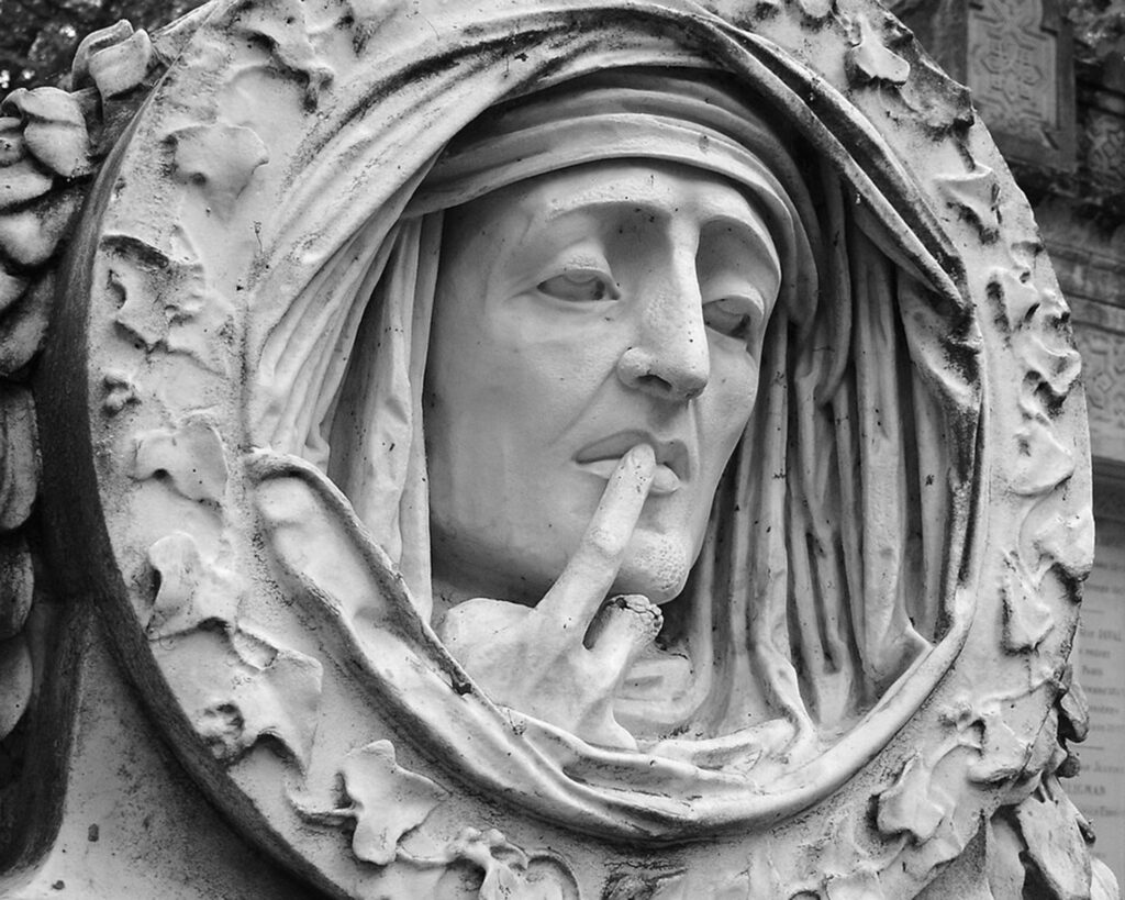 Le Silence (detail from the Grave of Jacob Robles), Antione-Augustin Préault (1809–1879), 1842, scupture. Pere Lachaiese Cemetary. Wikimedia Commons.