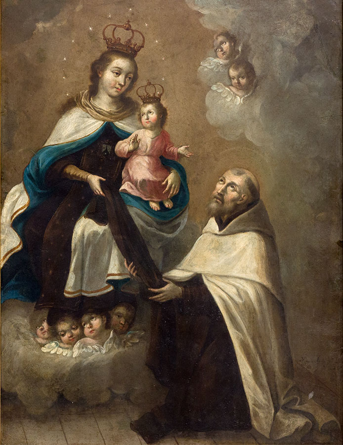 Our Lady of Mount Carmel Giving the Scapular to Saint Simon by Ignacio Ayala Rodriguez. 1793, oil on metal, National Museum of Fine Arts of Cuba / Wikimedia Commons.
