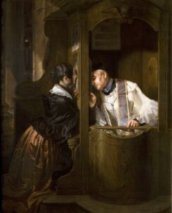 The Confession by Giuseppe Molteni (1800-1867). 1838, oil on canvas, Gallerie d'Italia Milano / Wikimedia Commons