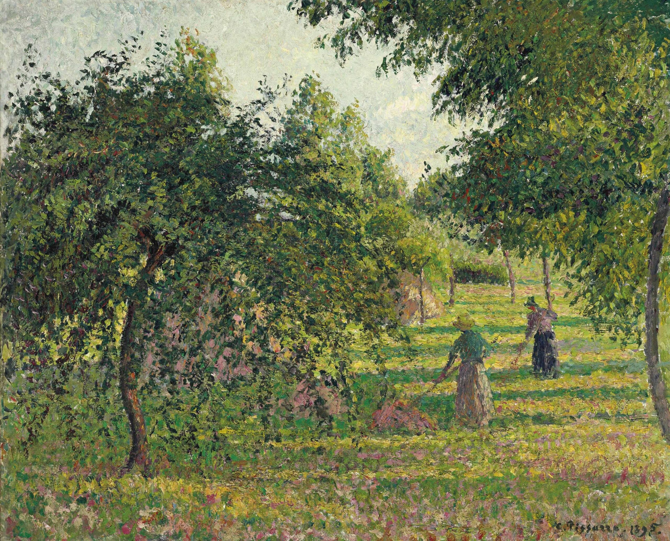 Apple Trees and Peasant Woman Raking Hay by Camille Pissarro (1830-1903). 1895, Oil on Canvas / Wikimedia Commons