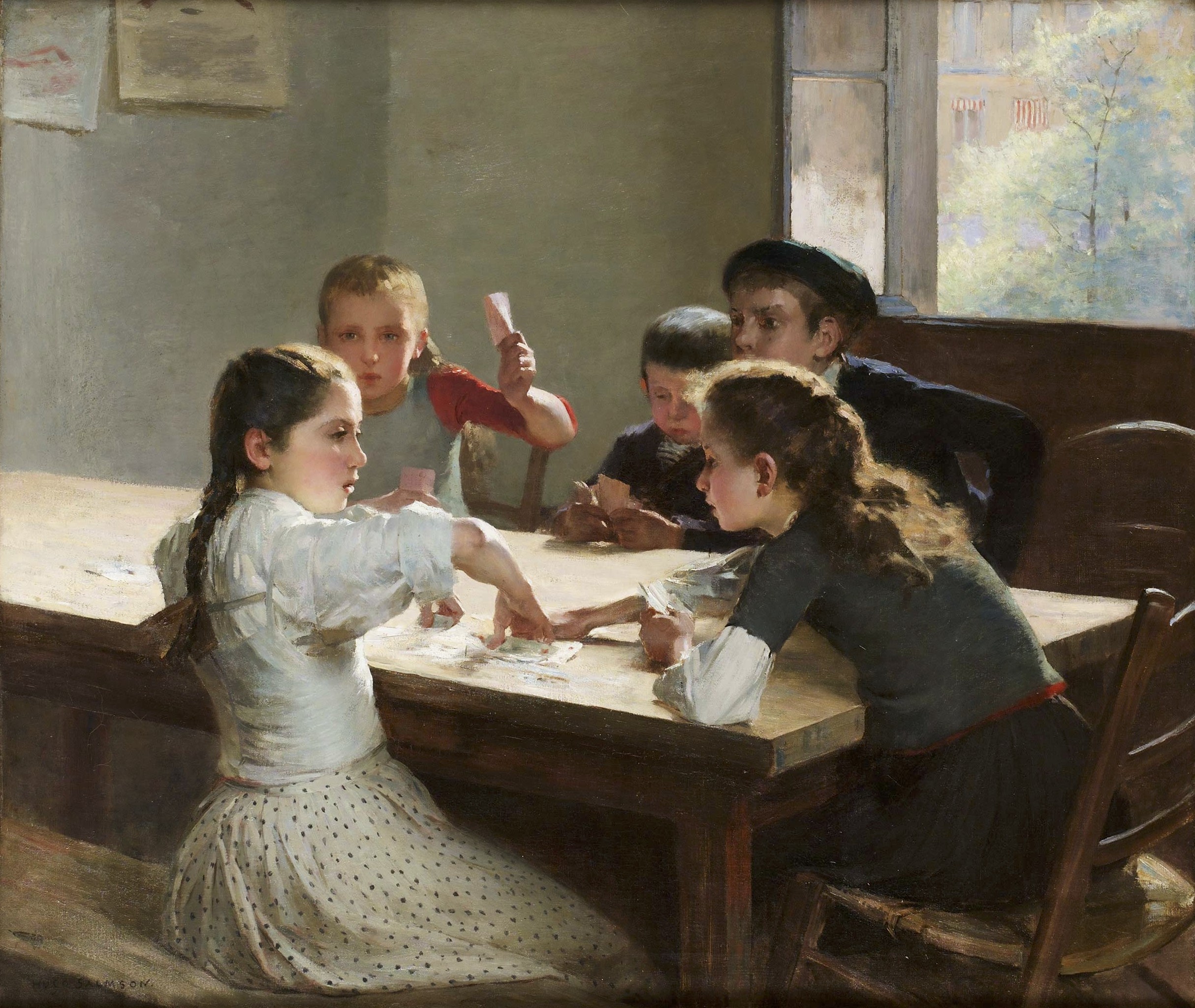Interior with children playing cards by Hugo Salmson (1843-1894). 1894, oil on canvas / Wikimedia Commons