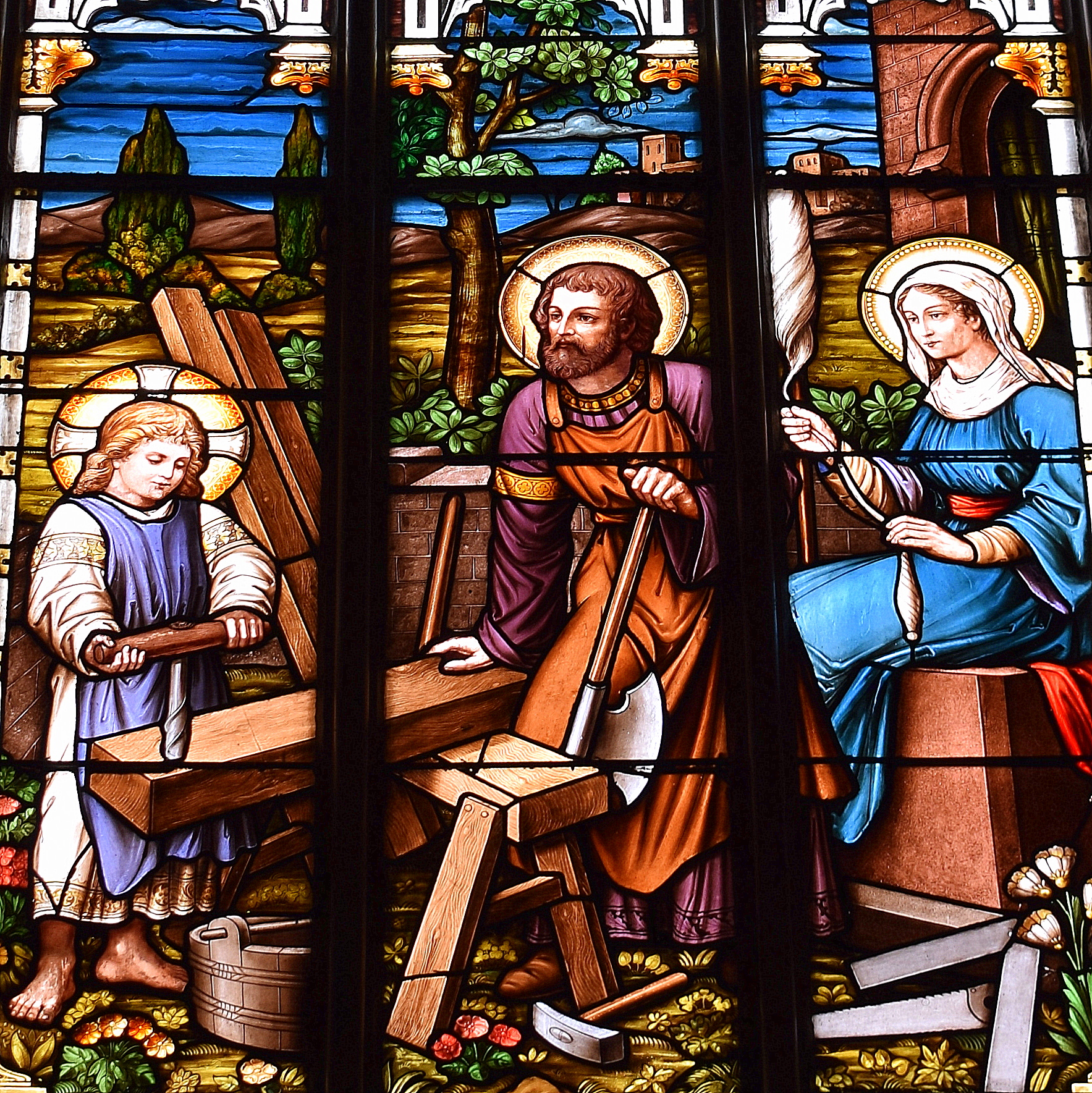 The House at Nazareth, Saint Joseph Catholic Church, Tiffin, Ohio. Stained glass, photographed 2017 by Nheyob / Wikimedia Commons
