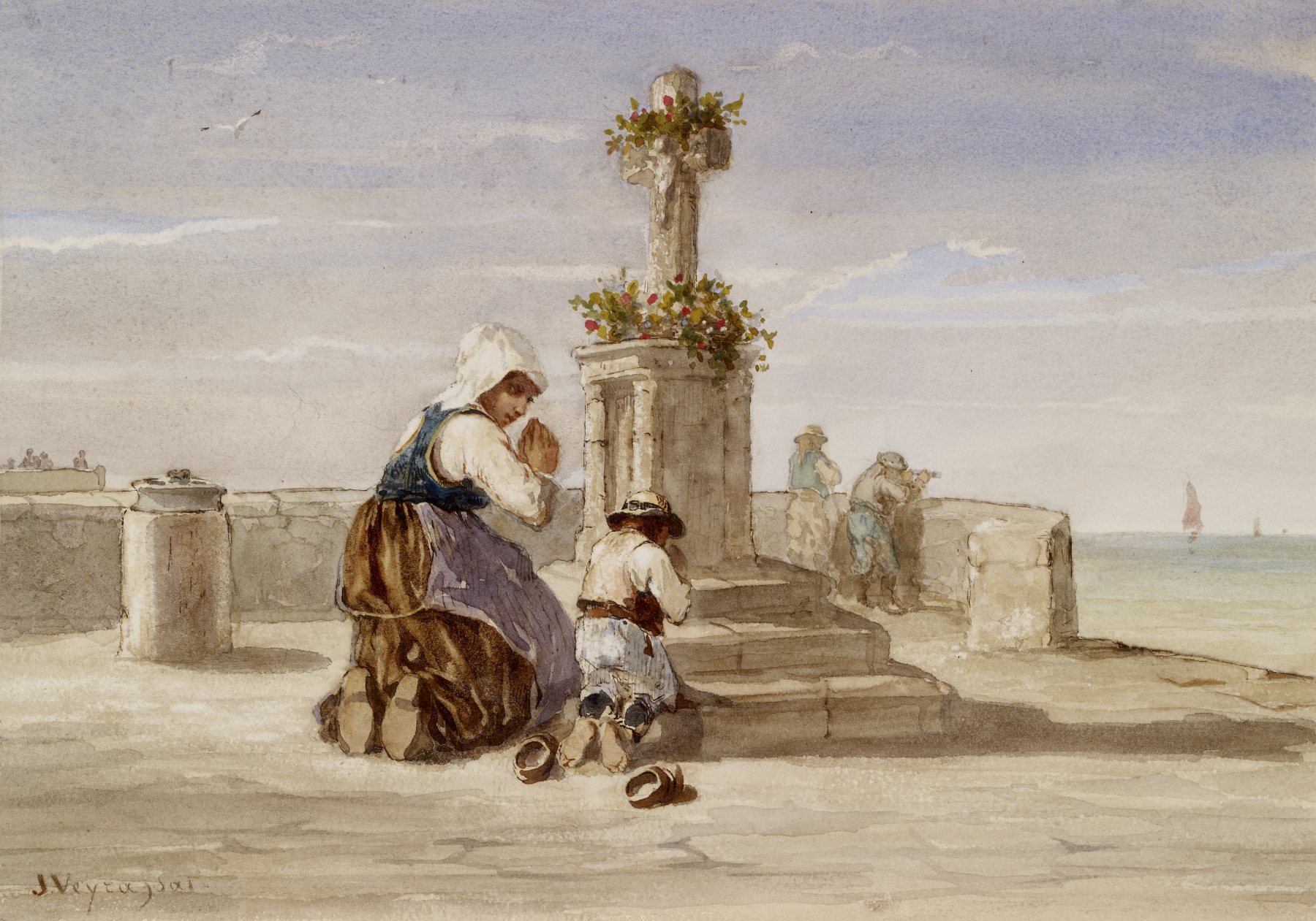 Woman and Child Kneeling Before a Cross by Jules Jacques Veyrassat (1828-1893). 1865, graphite and watercolor, Walters Art Museum / Wikimedia Commons