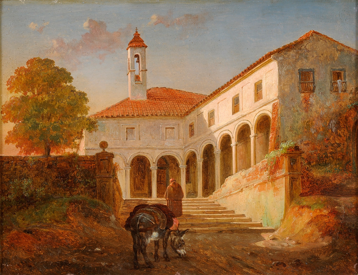 Klosteransicht by unknown artist. 19th century, oil on canvas, Düsseldorfer Auktionshaus / Wikimedia Commons