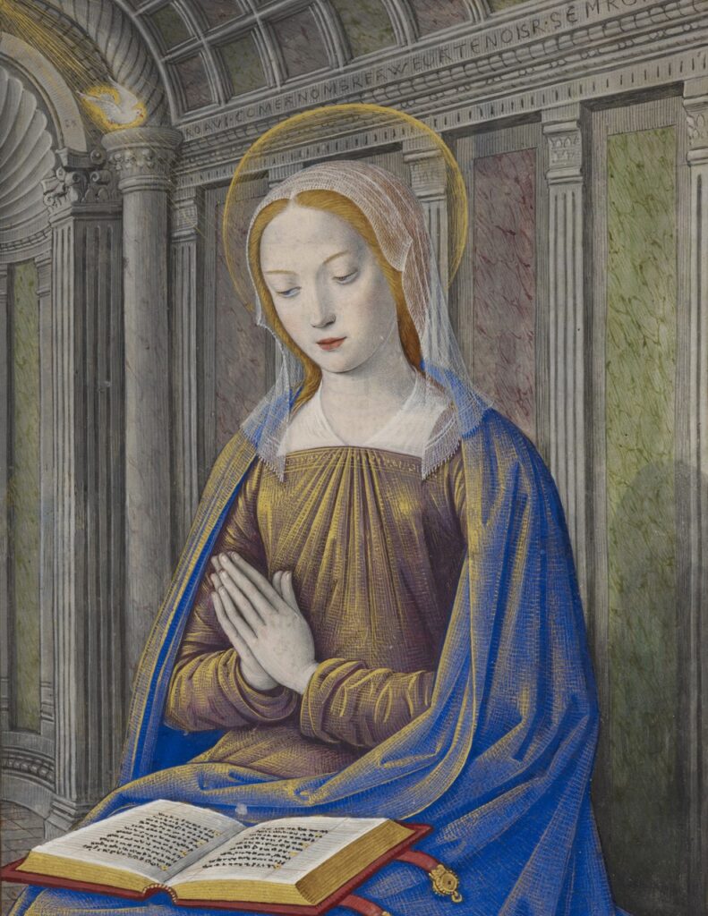 The Virgin Mary Receiving the Annunciation by Jean Bourdichon (1457-1521). 1500, illuminated manuscript, Hours of Henry VII, British Library / Wikimedia Commons