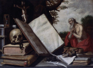 Vanitas con libros, una calavers, un crucifijo y un reloj de arena, San Jeronimo en el fondo by Abraham Bloemaert. 1620. Wikimedia Commons
