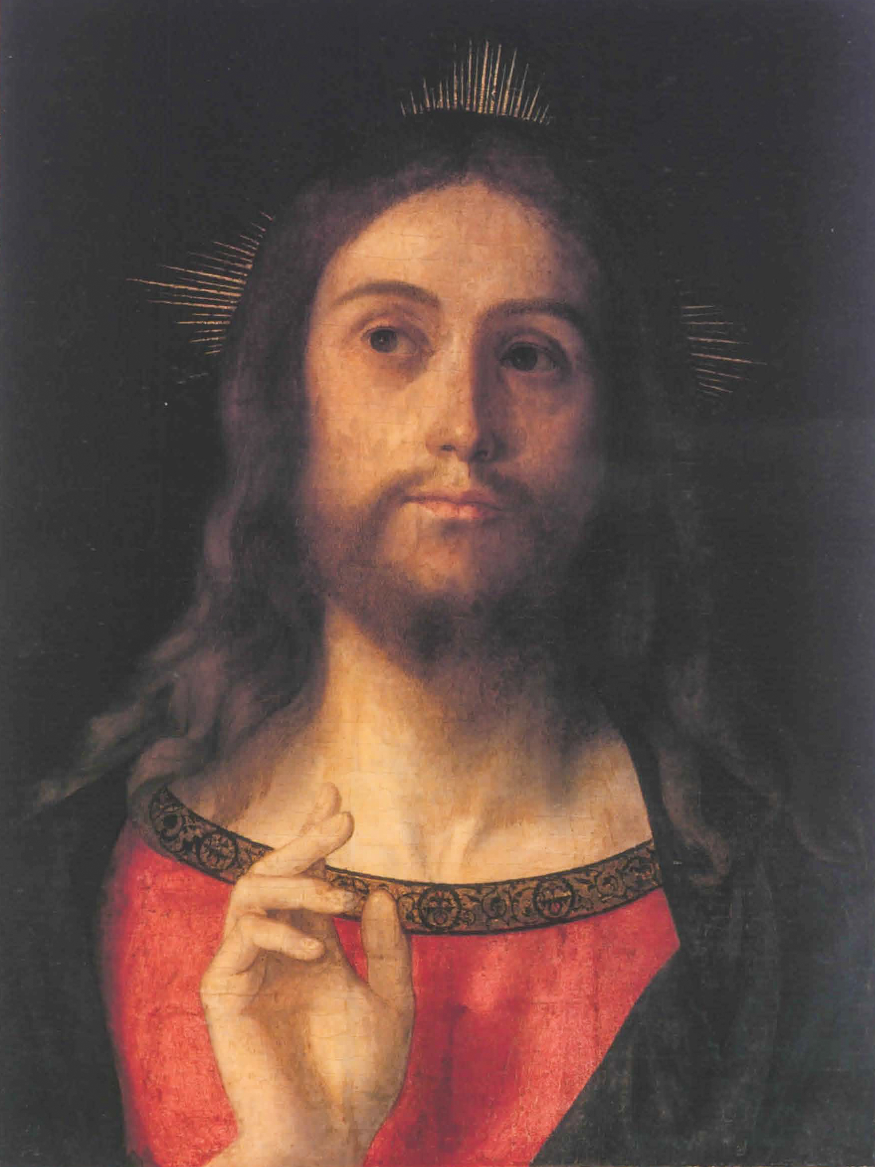 Cristo benedicente by Giovanni Bellini (1430-1516). 1500, oil on panel, Hans Galerie / Wikimedia Commons
