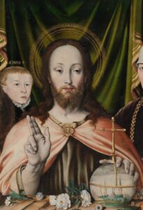 Christ Blessing, Surrounded by a Donor Family by anonymous. 1573, oil and gold on oak, Metropolitan Museum of Art / Wikimedia Commons