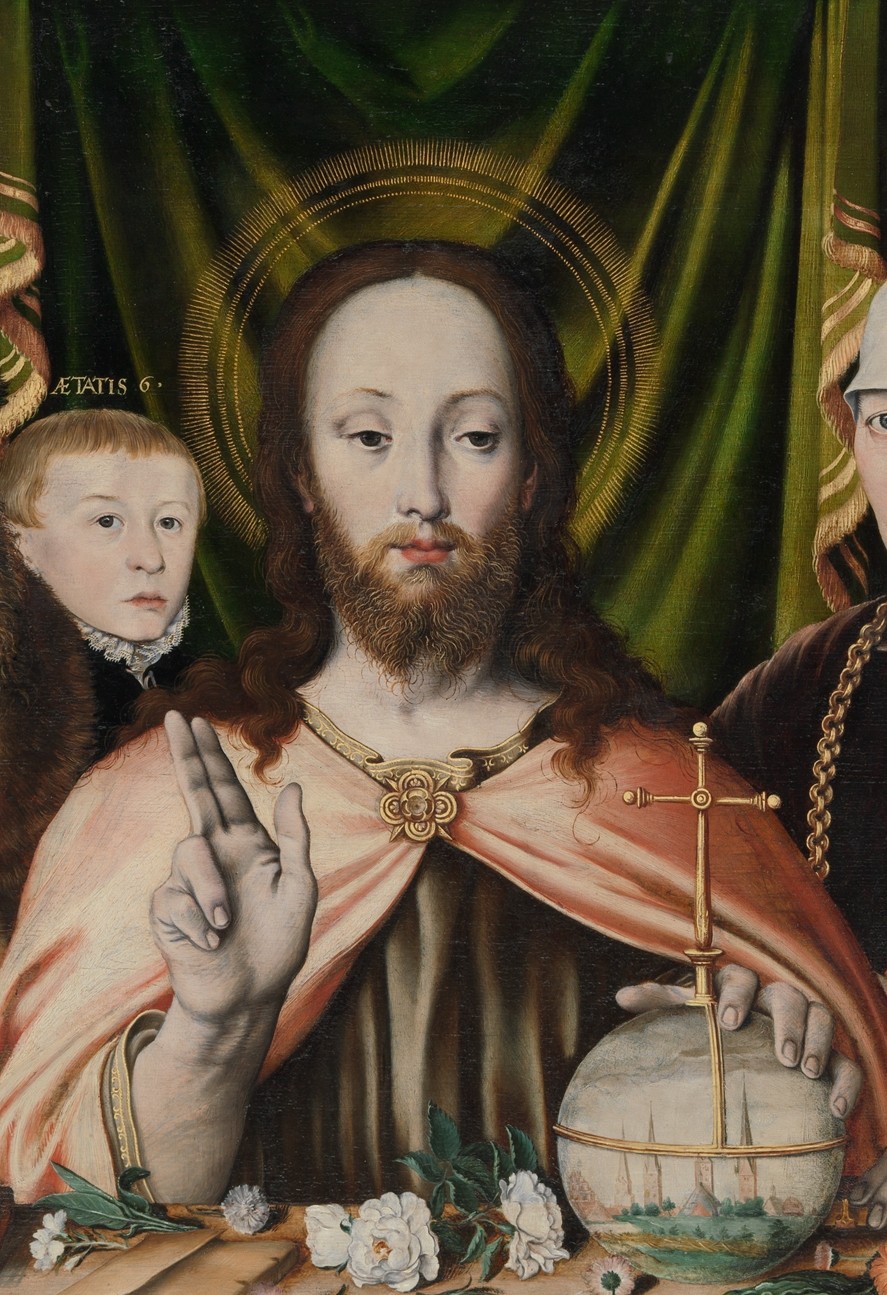 Christ Blessing, Surrounded by a Donor Family by anonymous. 1573, oil and gold on oak, Metropolitan Museum of Art / Wikimedia Commons