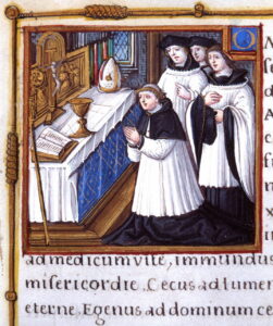 Pontifical d'Yves de Mayeuc, miniature d'un évêque célébrant la messe by Master of Francois de Rohan. 1530, illumination on parchment, Bibliotheque de Rennes Metropole / Wikimedia Commons.