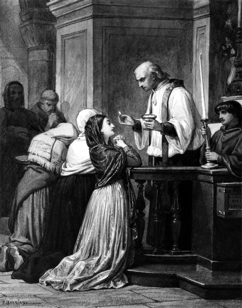 Woman Receiving the Eucharist by Felix-Joseph Barrias (1822-1907). 1840, watercolor with graphite, Walters Art Museum / Wikimedia Commons