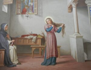 Young Saint Catherine of Siena Cutting Her Hair by Alessandro Franchi. 1893, Oratorio della Camera / Wikimedia Commons