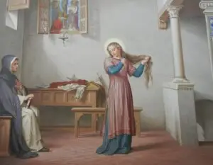 Young Saint Catherine of Siena Cutting Her Hair by Alessandro Franchi. 1893, Oratorio della Camera / Wikimedia Commons