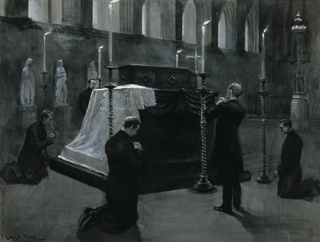 Five Priests Praying Around a Coffin in a Church by GB Scott. 1898, drawing, Wikimedia Commons.